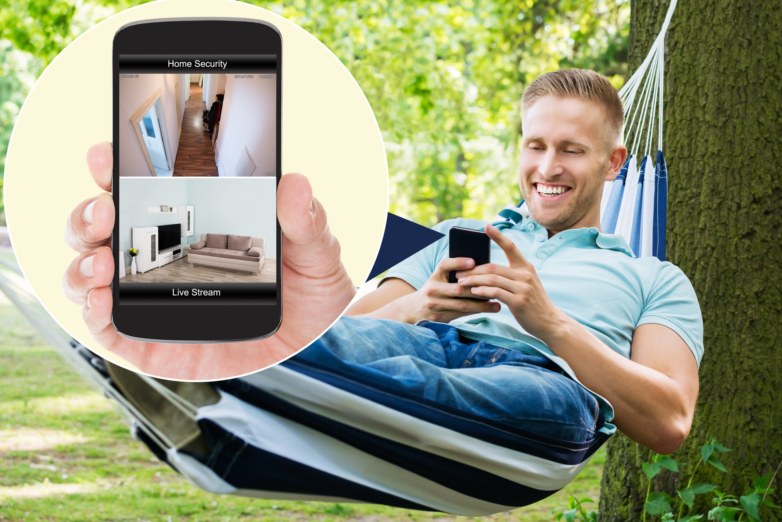 Man Monitoring Home Security on His Phone While On Vacation